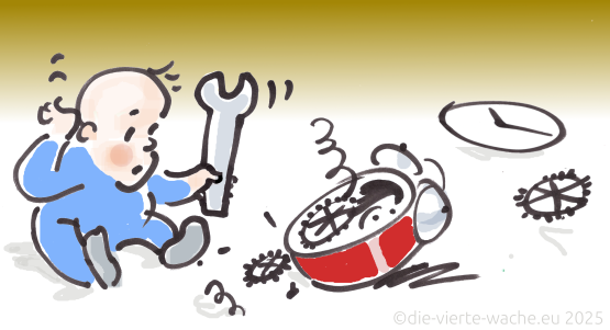 Zeichnung: Ein Baby versucht eine Uhr zu reparieren