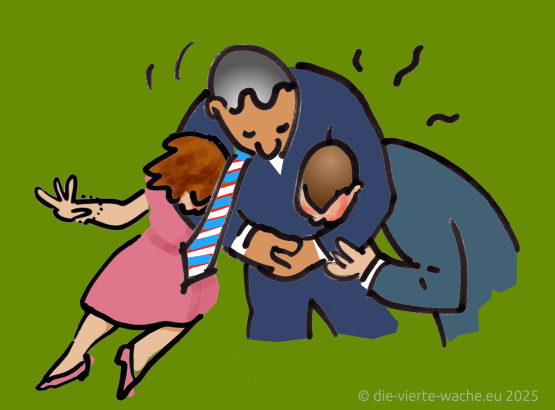 dominanter Mann hält zwei Menschen im Schwitzkasten