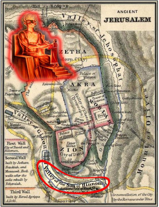 Mapa con el valle de Hinnom